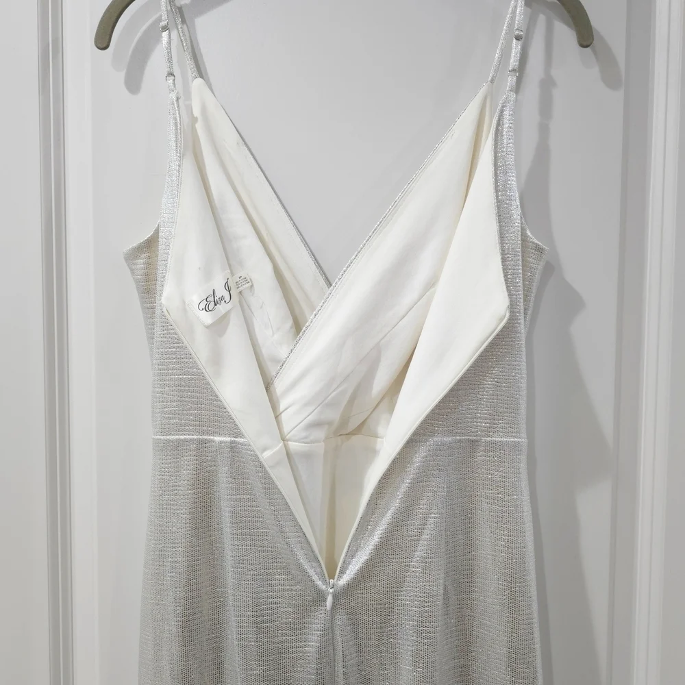 ELIZA J Ivory Shimmer Draped Maxi Dress with Ruffle Slit – Glam Occasion 6P - Picture 7 of 14